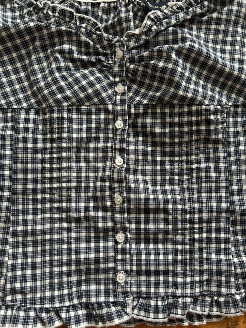 Brandy Melville Dark Blue Gingham Top Women's Ruffled Sleeves Neckline Button-Up - Picture 5 of 11